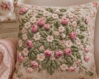 Cottagecore Floral Pillow Cover |Vintage Shabby Chic Throw Pillow |Faux Embroidered Rose PRINTED Cushion Cover|Romantic Farmhouse Decor