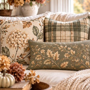 Fall Pillow Cover ,Autumn Botanical Pillow Covers, Vintage Floral & Plaid Pillows, Shabby Chic Fall Decor, Cottagecore Farmhouse