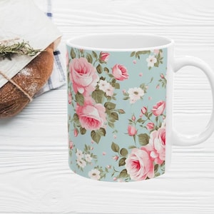 Pink Rose Ceramic Coffee Mug: Floral Tea Cup, Gardener Gift