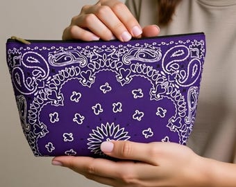 Purple Paisley Makeup Bag, Western Boho Cosmetic Pouch, Bandana Travel Organizer Gift for Her