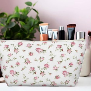 Floral Bridal Cosmetic Pouch,Shabby Chic Makeup Bag,Vintage Style Organiser,Elegant Pink Rose Bud Design Case,Travel Toiletry Organizer