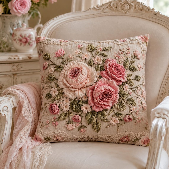Vintage Rose Throw Pillow Cover, French Country Floral Cushion, Shabby Chic Decorative Pillow, Grandmillennial Home Decor