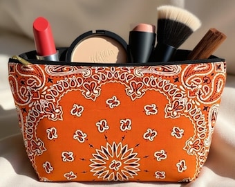 Orange Bandana Makeup Bag, Western Cosmetic Pouch, Paisley Travel Case, Coastal Cowgirl Aesthetic, Rodeo Gift for Her, Y2K Toiletry Bag