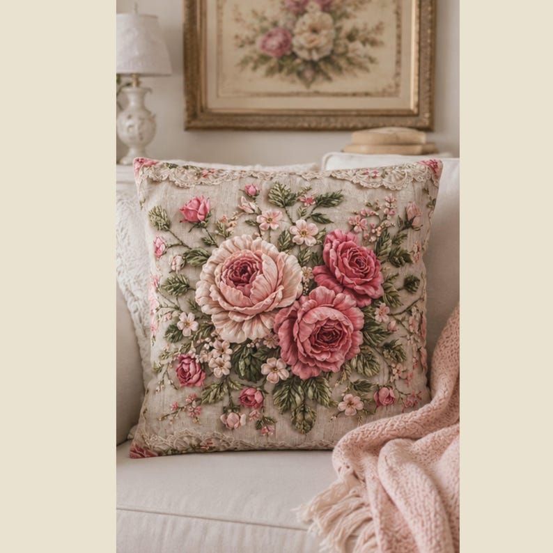 May include: A square throw pillow featuring a beige fabric base with intricate, raised floral embroidery. The design showcases large, layered pink and cream roses surrounded by smaller blossoms and green leaves, finished with a delicate lace trim.