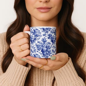 French Toile Ceramic Coffee Mug,Blue  White floral Vintage,11oz ,Classic Elegant Drinkware,Housewarming Vintage Gift,Timeless Mug,Birthday