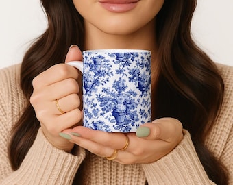 French Blue Toile Mug, Vintage Floral Coffee Cup, Cottagecore Kitchen Decor, Shabby Chic Tea Cup, Grandmillennial Gift for Her