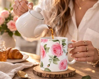 Pink Rose Coffee Mug | Elegant Floral Ceramic Cup | Cottagecore Gift for Her | Feminine Tea Mug | Vintage Botanical Coffee Cup