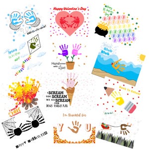 May include: A collection of 10 handprint art cards with various themes, including spring, Valentine's Day, St. Patrick's Day, summer, back to school, Halloween, and Thanksgiving. Each card features a unique design using handprints and colorful paint.