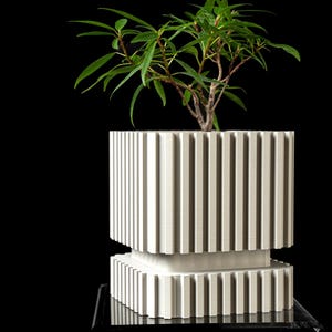 May include: A white, ribbed, square planter with a small green plant. The planter has a two-tiered design, with the top section holding the plant and the bottom section providing a base. The background is black.