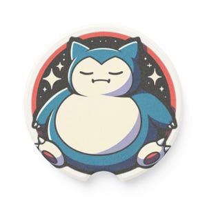 May include: A blue and white cartoon character with closed eyes, sitting in a relaxed pose against a red and black starry background. The character is a Pokemon named Snorlax.