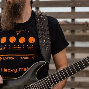 Spiked padded low weight comfortable durable genuine leather custom handmade guitar bass strap. Custom logo and extra options by demand.
