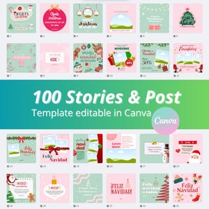 Puede incluir: Un conjunto de 24 plantillas de redes sociales con temática navideña con varios diseños. Las plantillas presentan elementos festivos como árboles de Navidad, Papá Noel y saludos navideños. El texto incluye "Oferts Christmas", "Feliz Navidad" y "100 Stories & Post Template editable in Canva."
