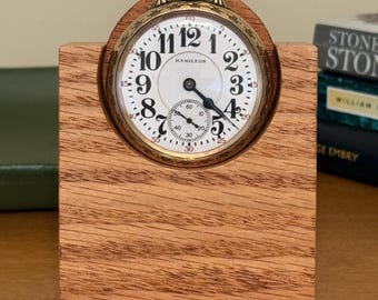 Pocket Watch Display Stand in Red Oak with a Mahogany Medallion