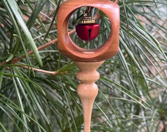 Hand Turned Window Christmas Globe Ornament with Red or Silver Jingle Bell
