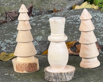 Hand-Turned Gingko Wood Christmas Trees and Snowman - Set of Three : DIY Holiday Decor
