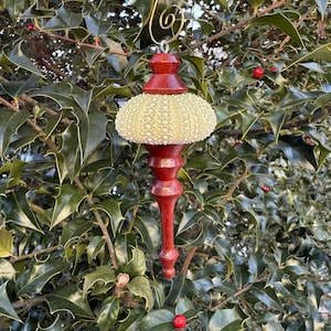 Hand Turned Green Sea Urchin Christmas Tree Ornament Padauk Finial