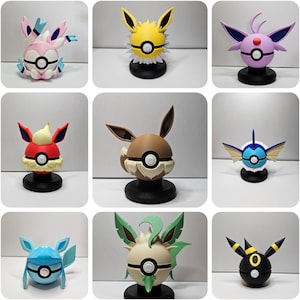 May include: Nine Pokémon character figurines, each with a unique design and colour scheme, displayed on a black base. The collection features characters such as Sylveon, Jolteon, Espeon, Flareon, Eevee, Vaporeon, Glaceon, Leafeon, and Umbreon.