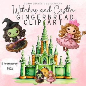 Elphaba, Glinda en Emerald City Castle Wicked aquarel peperkoek illustraties-schattige roze en groene heksen en kasteel transparante png