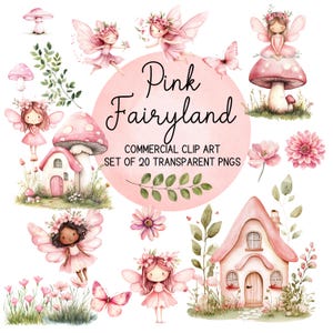 Clipart de país das fadas rosa, clipart de jardim de fadas, borboleta rosa, cogumelos rosa e casa de campo rosa, 20 arquivos png com fundo transparente