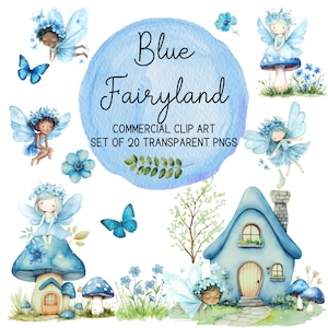 Image clipart fée bleue, clipart jardin féerique, papillon bleu, champignons bleus et cottage bleu, 20 fichiers png avec fond transparent