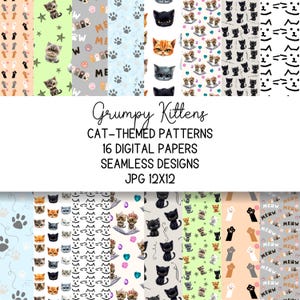 Könnte beinhalten: Ein Set mit 16 digitalen Papieren mit niedlichen, grantigen Kätzchen in verschiedenen Posen und Mustern. Die Papiere sind nahtlos und in verschiedenen Farben erhältlich, darunter Blau, Grün, Rosa und Orange. Die Papiere sind perfekt für Scrapbooking, Kartenherstellung und andere Bastelprojekte.