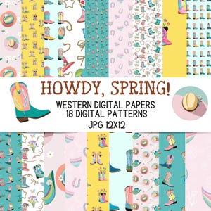 Howdy Spring-18 Western digital patterned papers- seamless designs 12x12 jpg- cowboy cowgirl patterns for scrapbook, junk journals, crafting