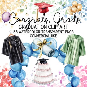 Clip art de graduación - estilo acuarela - 58 PNG transparentes en 300 dpi - clipart para fiesta de graduación - felicitaciones graduado