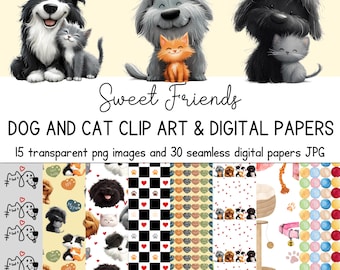 May include: Digital clip art and seamless digital papers featuring cute cartoon dogs and cats. The set includes 15 transparent PNG images and 30 JPG files.
