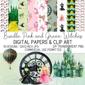 Bundle Pink and green witches digital papers and transparent clip art- Wicked inspired- 12x12 JPG and 300 DPI PNG-commercial use permitted