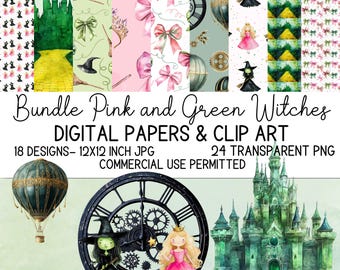 Bundle Pink and green witches digital papers and transparent clip art- Wicked inspired- 12x12 JPG and 300 DPI PNG-commercial use permitted