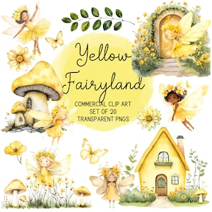 Illustraties gele feeën, fairy tuin clipart, gele vlinder, gele paddestoelen en fairy deur, 20 png-bestanden met transparante achtergrond