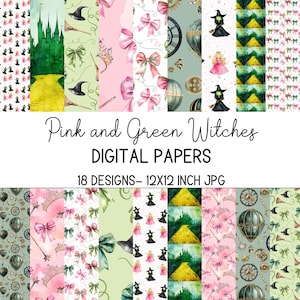 Papiers numériques inspirés méchants - jolies sorcières roses et vertes - Aquarelle - 12 x 12 jpg modèles sans couture - utilisation commerciale-téléchargement instantané