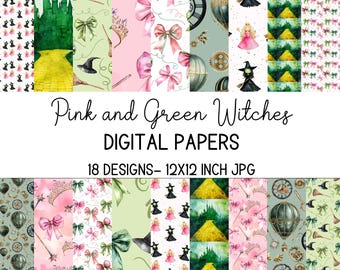 Wicked Inspired Digital Paper: Pink & Green Witches, Watercolor Art (12x12 JPG, Instant Download)