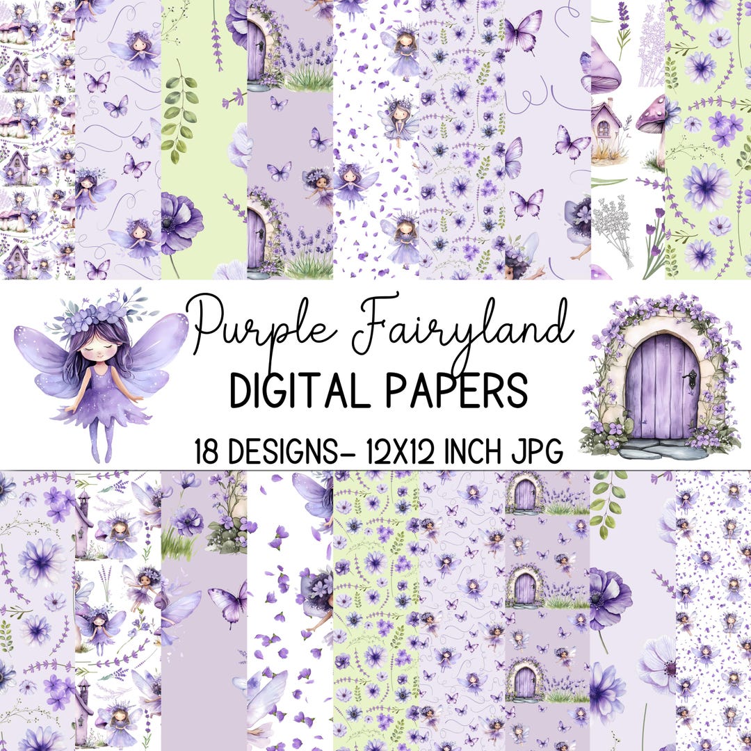 Purple Fairyland Digital Paper – Seamless Fairy Cottagecore Patterns ...