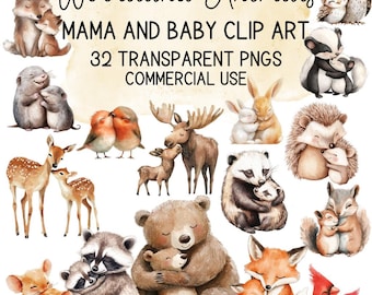 Waldtiere Mama und Baby Aquarell Clip Art (digitaler Download)