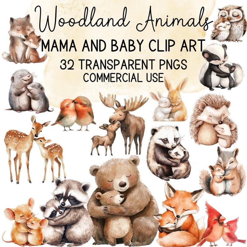 Woodland Animals Mama and Baby Watercolor Clip Art (digital Download ...