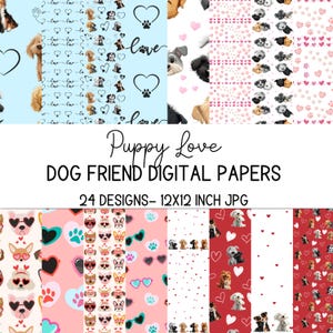 Papiers numériques à motifs Puppy love - 24 modèles - 12 x 12 jpg papiers numériques pour le scrapbooking, la fabrication de cartes, les journaux indésirables et pour les amateurs de chiens