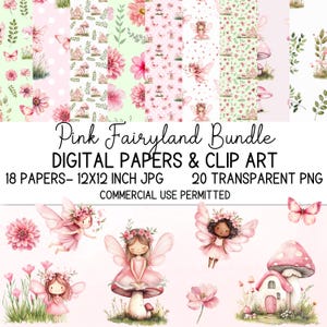 Rosa älva clipart och digitalt papperspaket - akvarellbilder från Cottagecore - 18 12x12jpg och 20 transparenta PNG - kommersiell användning tillåten