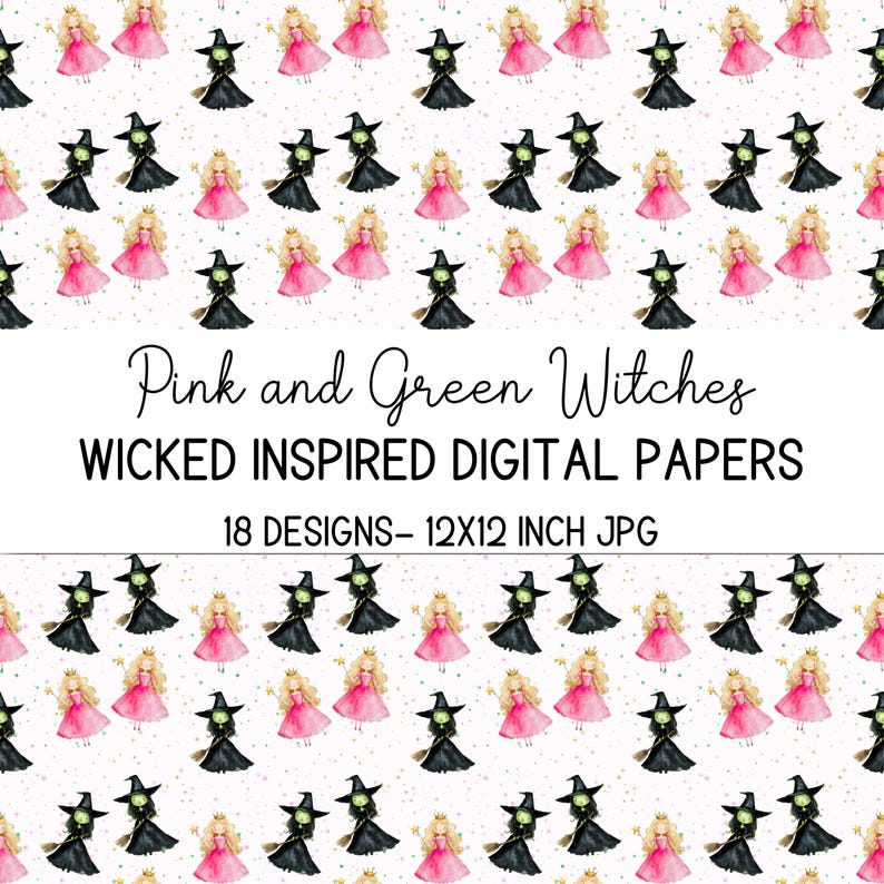 Wicked Inspired Digital Paper: Pink & Green Witches, Watercolor Art ...