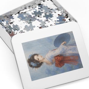 Hydrangea Rain Geisha Jigsaw Puzzle – Japanese Kimono with Umbrella – Watercolor Zen Art Gift – 252 / 500 / 1000 Pieces