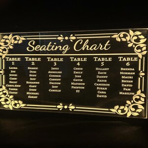 May include: A rectangular, illuminated seating chart with a black background and gold-colored decorative accents. The words "Seating Chart" are at the top, with guest names listed under table numbers 1-6.