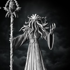 May include: A detailed, gray, 3D printed miniature of a tentacled creature wearing a robe and holding a staff. The creature has a human-like body with a head that is covered in tentacles. The staff is topped with a thorny, organic-looking object.