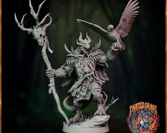 Druid Miniature DnD Pathfinder Dragonborn Forest Warden With Staff And Hawk Resin TTRPG Figure 3D Printed Drikkus The Dragonborn Druid