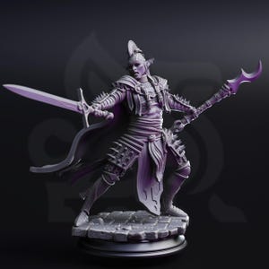 May include: A detailed, purple-toned figurine of a warrior elf, posed dynamically with a sword in one hand and a staff in the other. The figure is adorned with intricate armor and stands on a stone-like base, showcasing a fantasy theme.