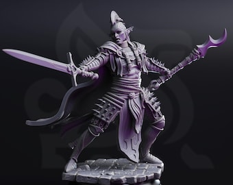 Drow Fighter Miniature dual weapon champion 3d printed DnD miniature tabletop dark elf warrior with sword and glaive elite guard boss npc