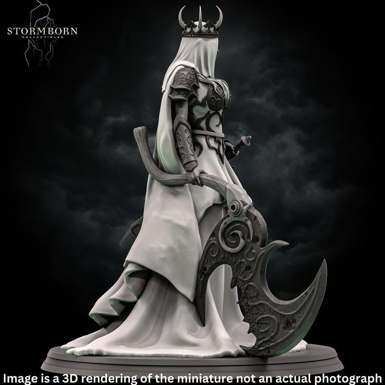 May include: A 3D printed miniature of a female figure wearing a flowing white robe and a crown. She holds a large, ornate, crescent-shaped weapon in her right hand. The figure is standing on a circular base.