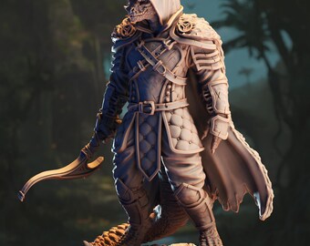 Black Dragonborn Ranger Miniature 3D Printed Resin Figure for DnD Pathfinder TTRPG Stealthy Swamp Scout Paintable 32mm Scale Fantasy Model