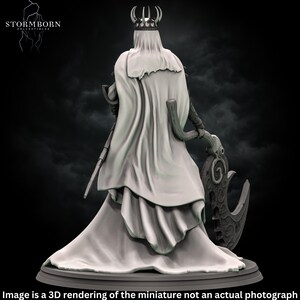 May include: A white 3D printed miniature of a figure wearing a crown and a long robe, holding a large axe with intricate details. The figure is standing on a circular base.