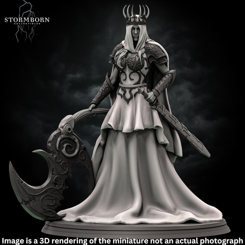 May include: A 3D printed miniature of a female figure wearing a crown, a long flowing gown, and armor. She holds a sword in one hand and a large, curved axe in the other. The miniature is painted in shades of gray.