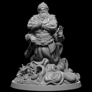 May include: A gray, detailed figurine of a mythical figure with a beard and a crown, standing on a cloud-like base with a swirling design. The figure is wearing a long robe and has a staff in one hand.